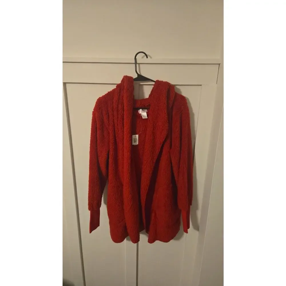 Top it off Red Sherpa Hooded Open Front Cardigan One Size